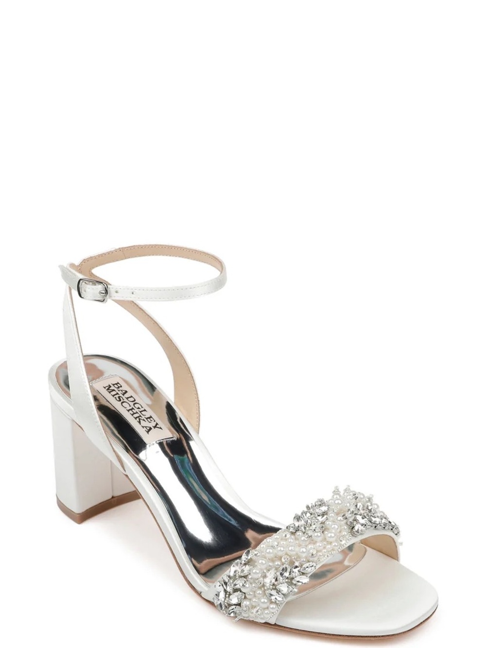 Badgley Mischka White Pearl & Crystal Block Heel Sandal